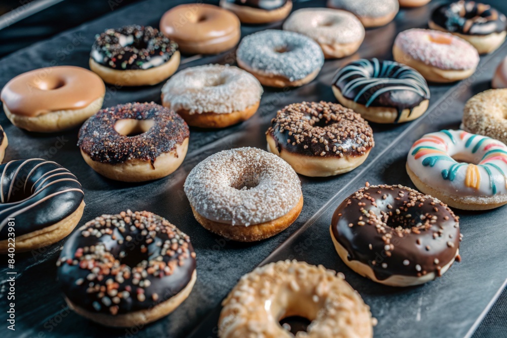 Delicious dessert. A sick box of different donuts with colorful sprinkles on the table. Confectionery products. Delicious dessert. A sick box of different donuts with colorful sprinkles on the table. Confectionery products.