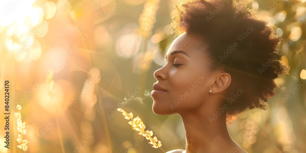 A Black woman breathes in the fresh forest air. Concept Nature, Forest, Breathing, Fresh Air, Black Woman A Black woman breathes in the fresh forest air. Concept Nature, Forest, Breathing, Fresh Air, Black Woman