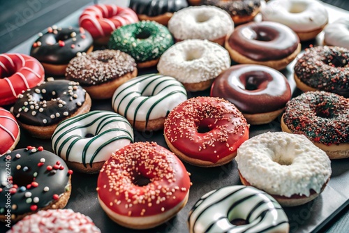 Delicious dessert. A sick box of different donuts with colorful sprinkles on the table. Confectionery products. © Юлия Клюева