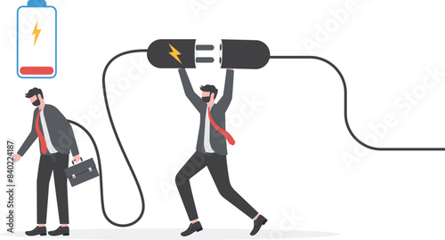 recharge energy or restore enthusiasm for work, refreshing from overwork or tiring activities, businessman connects electrical plug to power source to recharge low battery exhausted businessman worker