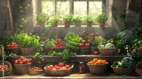 Rustic Kitchen Setting Overflowing with Vibrant Organic Produce and Homemade Preserves in Natural Sunlight