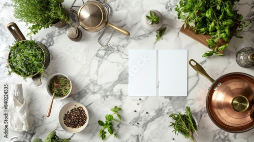 Sophisticated Culinary Workspace Elegant Marble Countertop Fresh Herbs and Copper Cookware with Blank Business Cards for Personalization