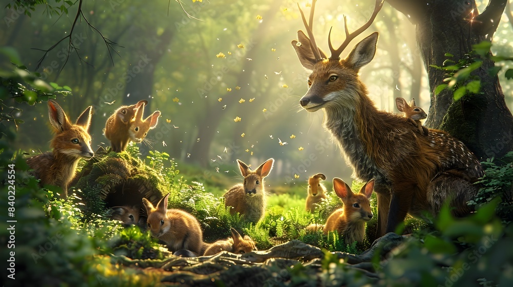 Tranquil Forest Habitat with Diverse Woodland Mammals Thriving in Natural Serenity