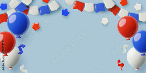 3d party background with blue, red and white balloons, flags and stars. Holiday banner design with minimal three dimensional vector decorations and copy space for text.