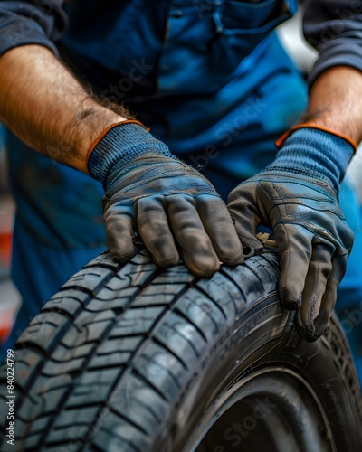 A mechanic is holding the tire of a car with his hands wearing gloves © dip