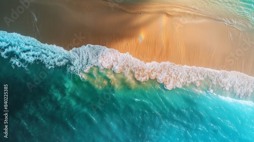 Waves gently caress sand along vibrant shoreline, seen from above