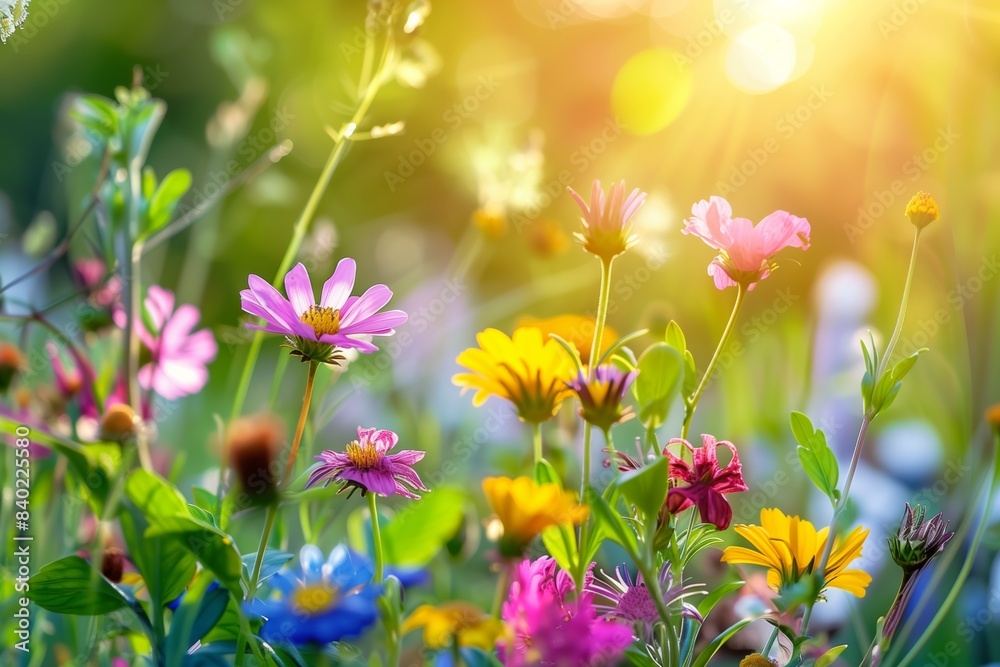 Colorful zinnias blooming in a field bathed in warm sunlight Colorful zinnias blooming in a field bathed in warm sunlight