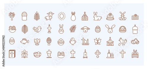 Easter icon set with 44 line icons. Outline pictograms with editable stroke. Religious celebration concept. Contains such symbols as eggs, bunny, chick, candle, cross, palm branch, etc. For web, apps photo