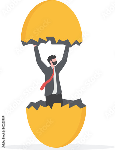 beginners businessman, beginner in starting a new business, newbie businessman comes out of a hatched egg concept vector illustration
