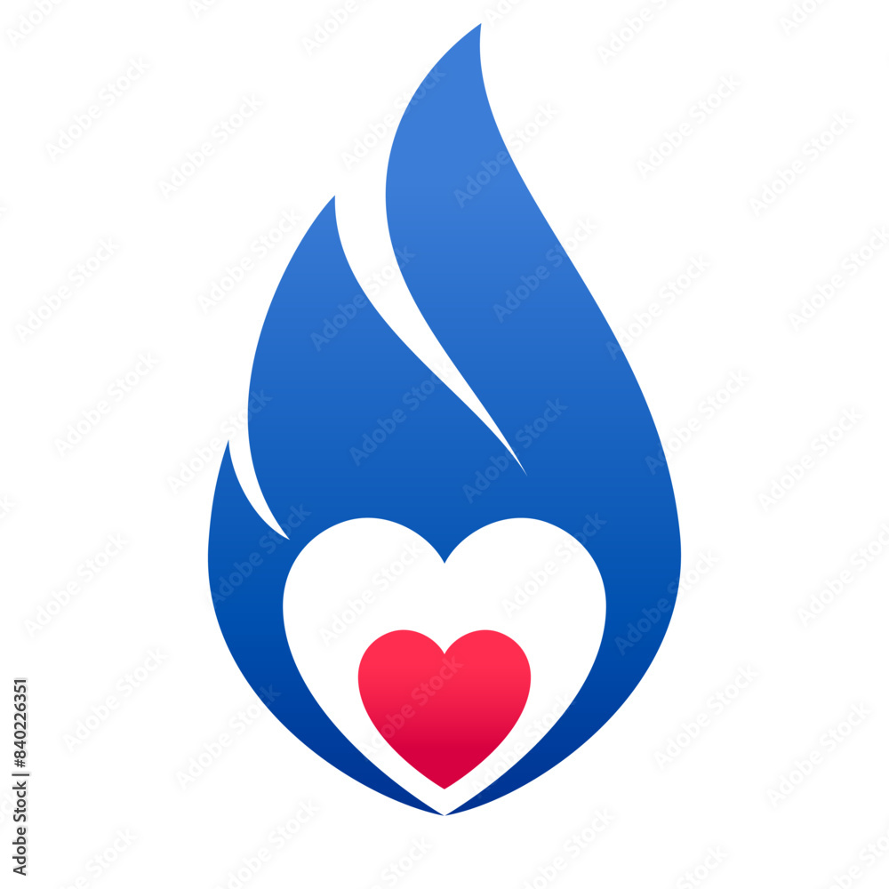Fire blue flame, hot red heart symbol Fire blue flame, hot red heart symbol