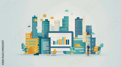 A vibrant illustration of a modern city skyline integrated with business analytics  showcasing growth and technology.