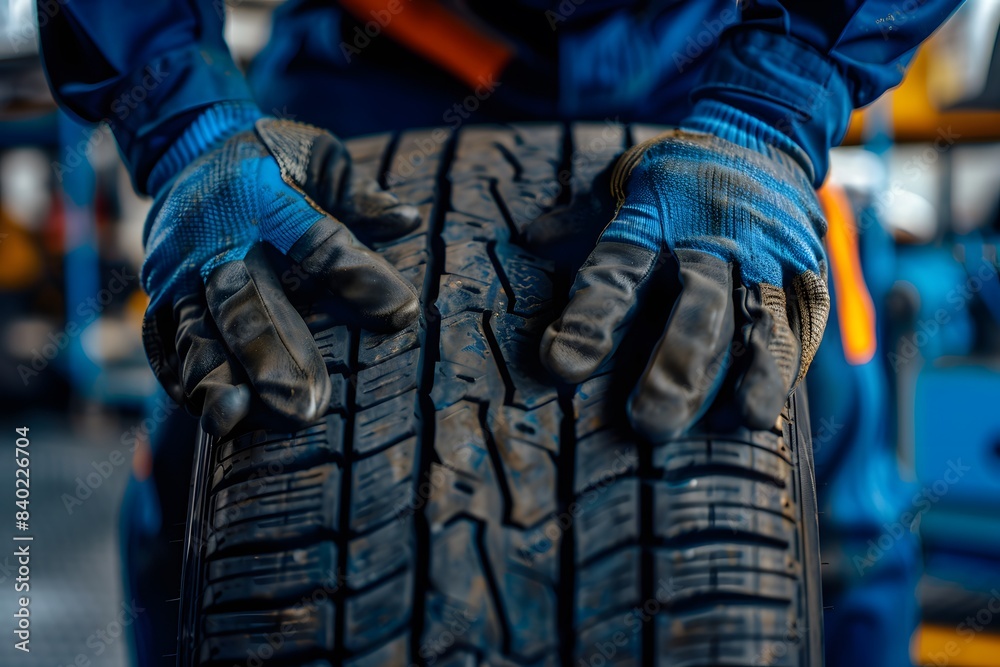 A mechanic is holding the tire of a car with his hands wearing gloves A mechanic is holding the tire of a car with his hands wearing gloves