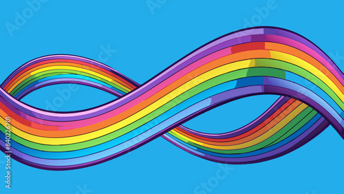 modern graphic design. A vibrant, wavy ribbon flows across the image, transitioning smoothly through the colors of the rainbow, from purple and blue to green, yellow, and orange.  