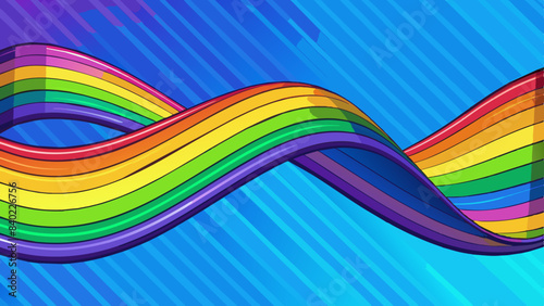 modern graphic design. A vibrant, wavy ribbon flows across the image, transitioning smoothly through the colors of the rainbow, from purple and blue to green, yellow, and orange.  
