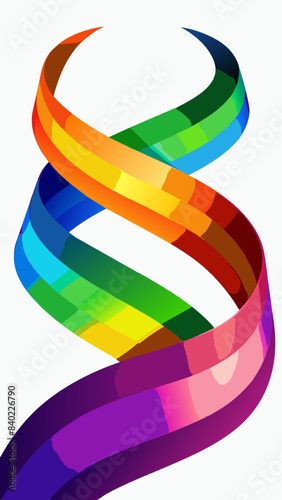 modern graphic design. A vibrant, wavy ribbon flows across the image, transitioning smoothly through the colors of the rainbow, from purple and blue to green, yellow, and orange.  