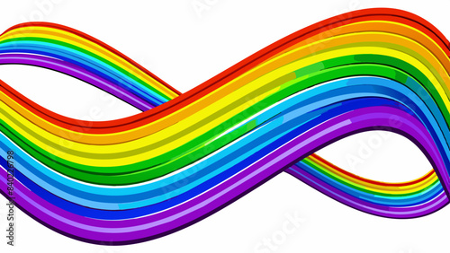 modern graphic design. A vibrant, wavy ribbon flows across the image, transitioning smoothly through the colors of the rainbow, from purple and blue to green, yellow, and orange.  