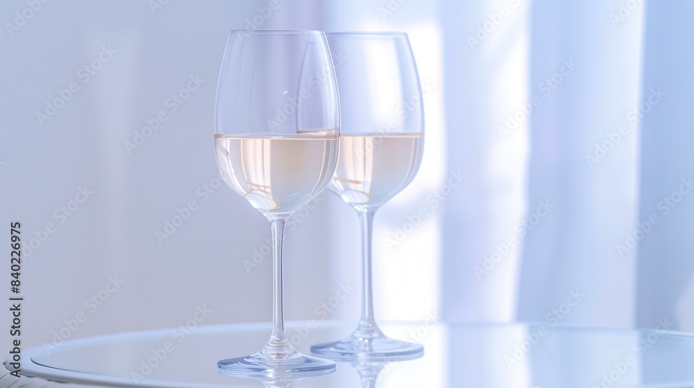 Two wine glasses on table with sheer curtain in background, clink beverage holiday Two wine glasses on table with sheer curtain in background, clink beverage holiday
