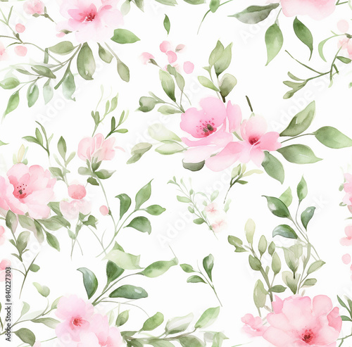 A repeating pattern of pink and white flowers with green leaves on a white background.