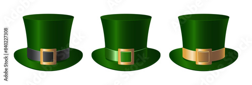Set of 3D green top hats with belts. Clipart for Patrick's day.	
