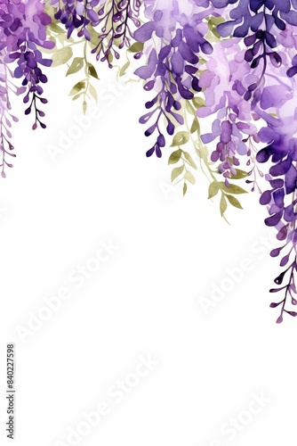 wisteria themed frame or border for photos and text. with cascading purple blooms. watercolor illustration, white color background.