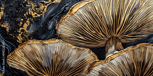 Oil painting, white mushrooms with gold motifs, AI generated