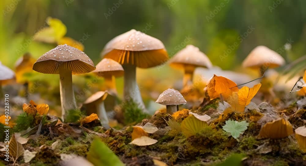 Mushrooms under autumn fallen leaves in the forest Mushrooms under autumn fallen leaves in the forest