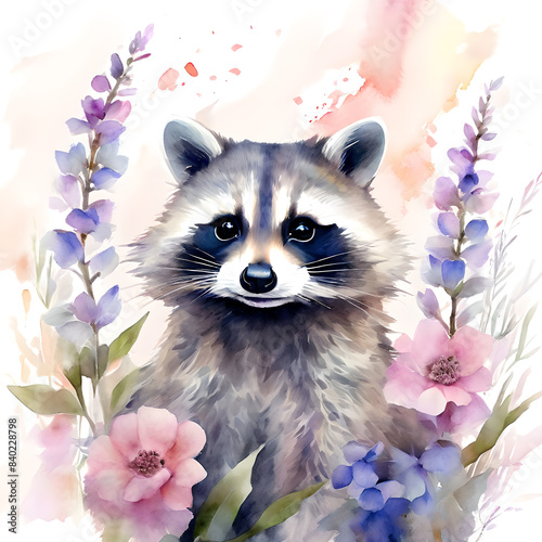 Beautiful illustration of a cute raccoon among colorful flowers.