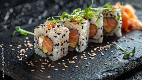 Delicious sushi roll uramaki with salmon, fresh sushi photo