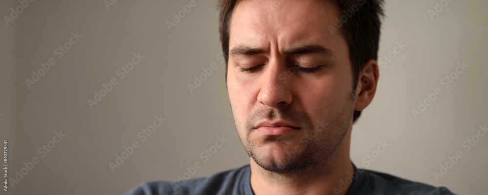 Close up portrait of man with eyes closed indoors Close up portrait of man with eyes closed indoors