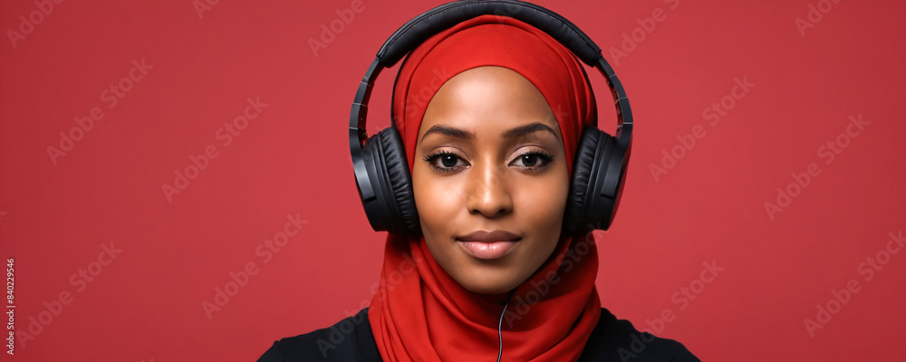 Woman in red hijab wearing headphones against red background Woman in red hijab wearing headphones against red background