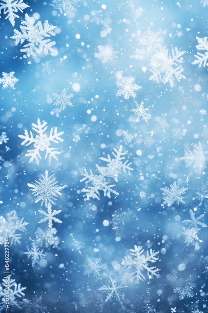 A close-up shot of snowflakes gently falling onto a blue background, perfect for winter-themed designs or social media posts A close-up shot of snowflakes gently falling onto a blue background, perfect for winter-themed designs or social media posts