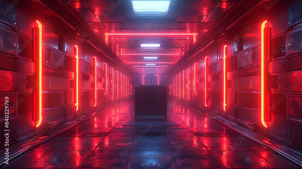 A cube-shaped podium with neon edges, set in a sleek futuristic setting with metallic surfaces and dynamic lights, positioned centrally with plenty of copy space. A cube-shaped podium with neon edges, set in a sleek futuristic setting with metallic surfaces and dynamic lights, positioned centrally with plenty of copy space.