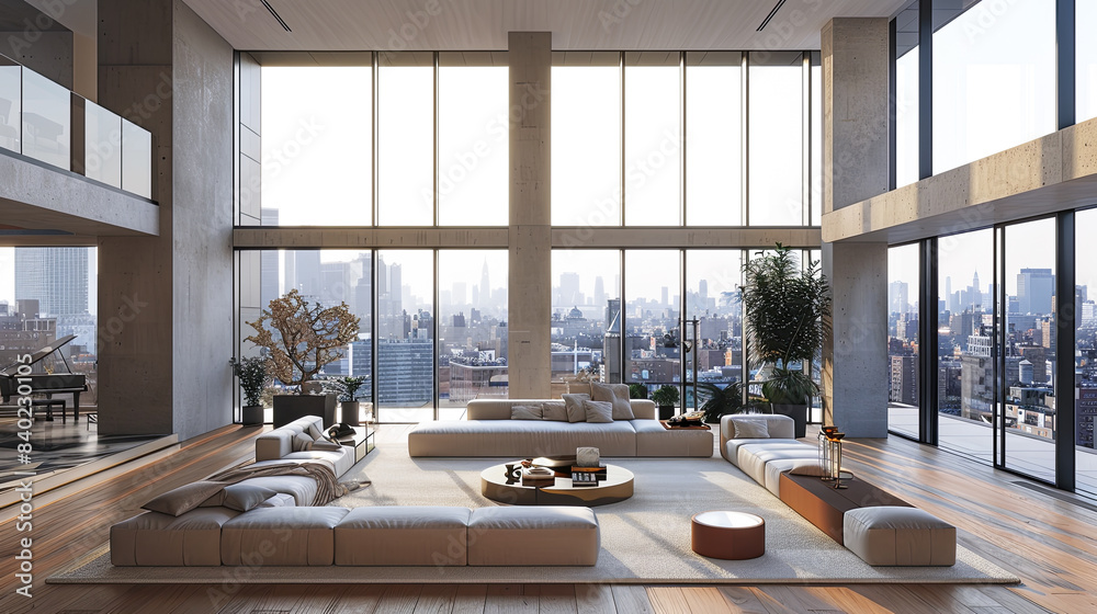 Modern Open Plan Luxury Apartment Living Room Interior with Cityscape ... - Textured Apartment Renovation Costs For Open-Plan Living