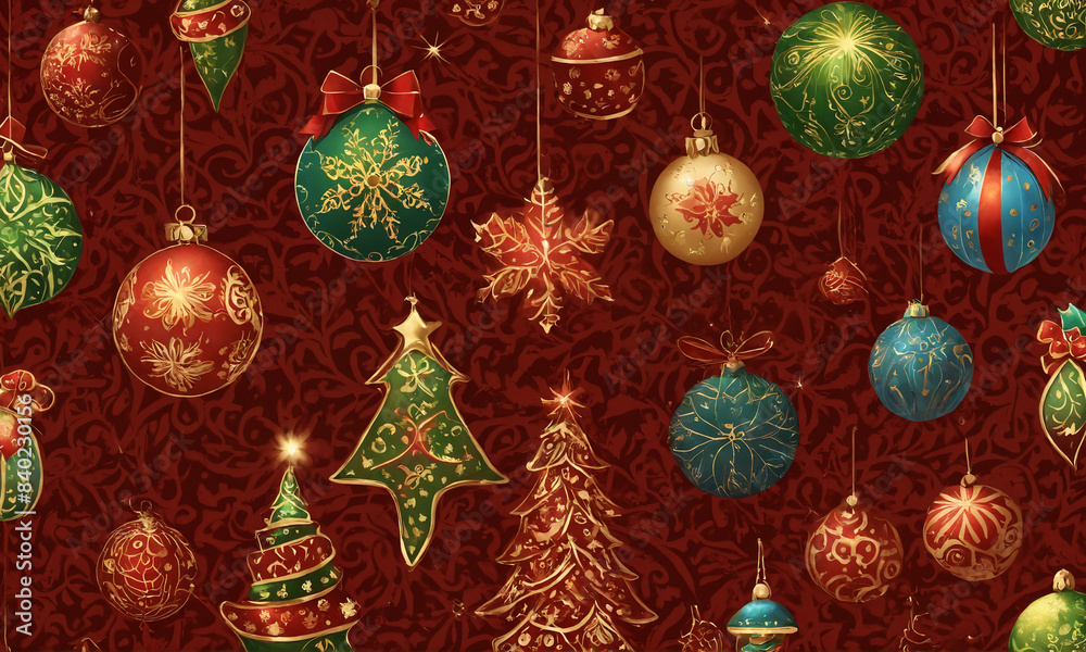 Festive christmas ornaments and trees on red background Festive christmas ornaments and trees on red background