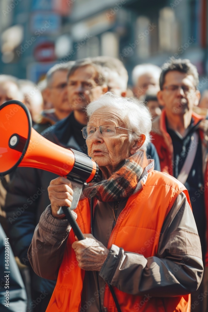 Fototapeta premium A person holding a megaphone speaking to a group of people, great for events or protests