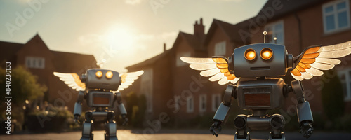 Two winged robots walking down a suburban street at sunset photo