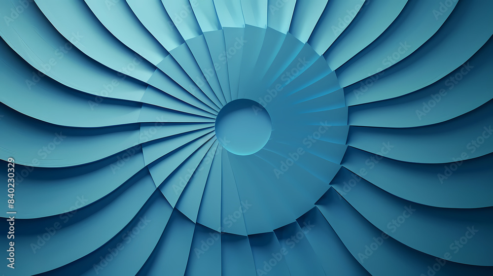 Fototapeta premium An abstract radial pattern with vibrant shades of blue, creating a dynamic, spiraling visual effect reminiscent of a turbine or fan.
