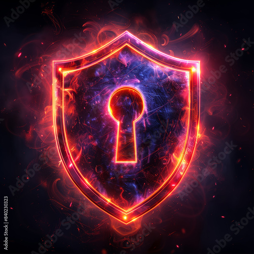 Modern shield lock icon in bright neon graphic style black background