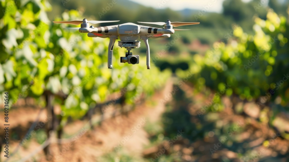 Aerial view of a vineyard with a modern drone in flight. Drone technology in agriculture, Monitoring vineyards with AI. Aerial view of a vineyard with a modern drone in flight. Drone technology in agriculture, Monitoring vineyards with AI.