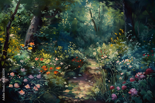 A path winds through a vibrant summer garden, surrounded by lush greenery and blooming flowers