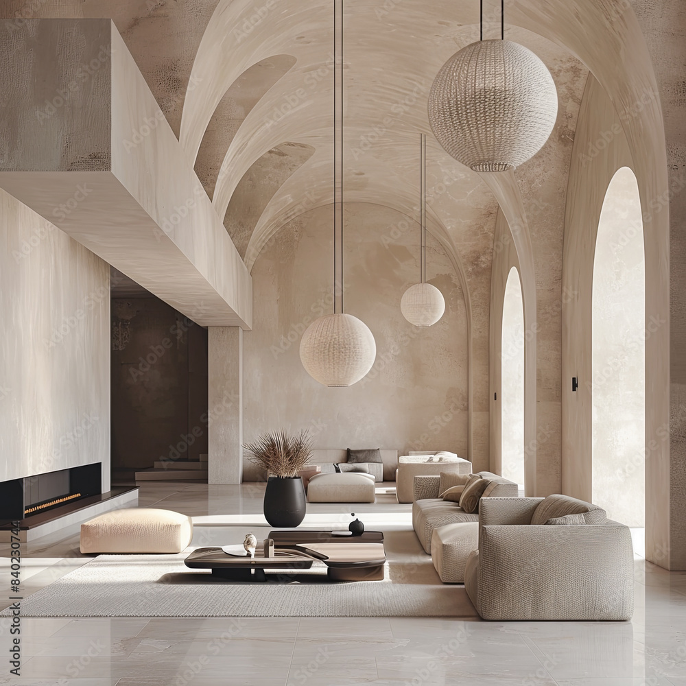 Image showcasing Luxury Minimalist Living Room Interior with Modern Furniture, Vaulted ...
