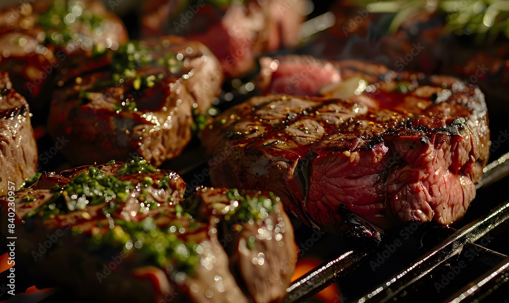 meat cuts and some garnish on the grill, Generative AI meat cuts and some garnish on the grill, Generative AI