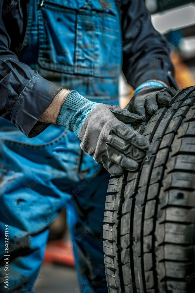 A mechanic is holding the tire of a car with his hands wearing gloves A mechanic is holding the tire of a car with his hands wearing gloves