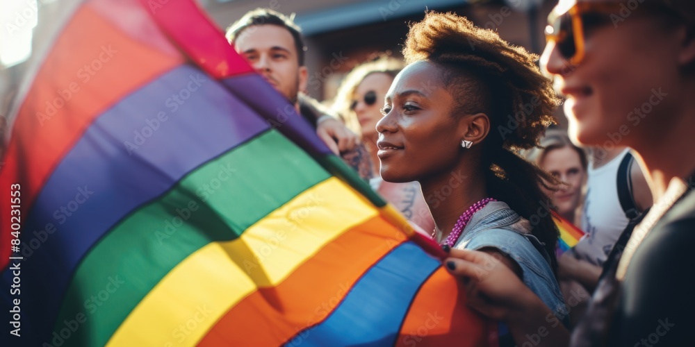 A woman holds a rainbow flag among people in a crowd, promoting diversity and acceptance A woman holds a rainbow flag among people in a crowd, promoting diversity and acceptance