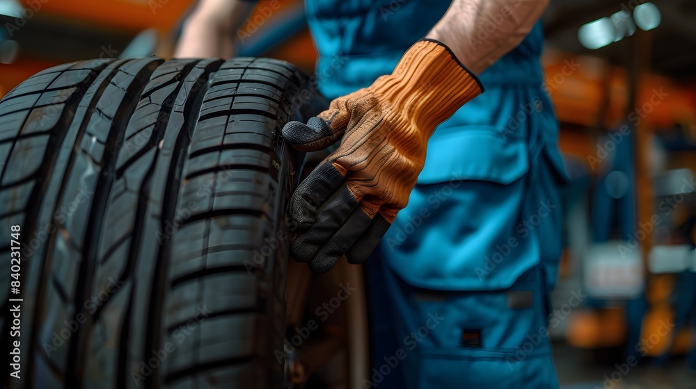 A mechanic is holding the tire of a car with his hands wearing gloves A mechanic is holding the tire of a car with his hands wearing gloves