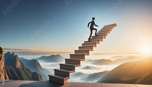 Businessman climbing a set of stairs outdoors with a breathtaking mountain landscape in the background, symbolizing growth, progress, and the pursuit of success. 