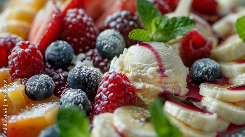 a dessert platter with fruits and ice cream, macro shot