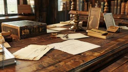 Welcome to History Heritage Tour Guide Desk with Business Cards Guest Register and Historic Artifacts Explore the Past in Style