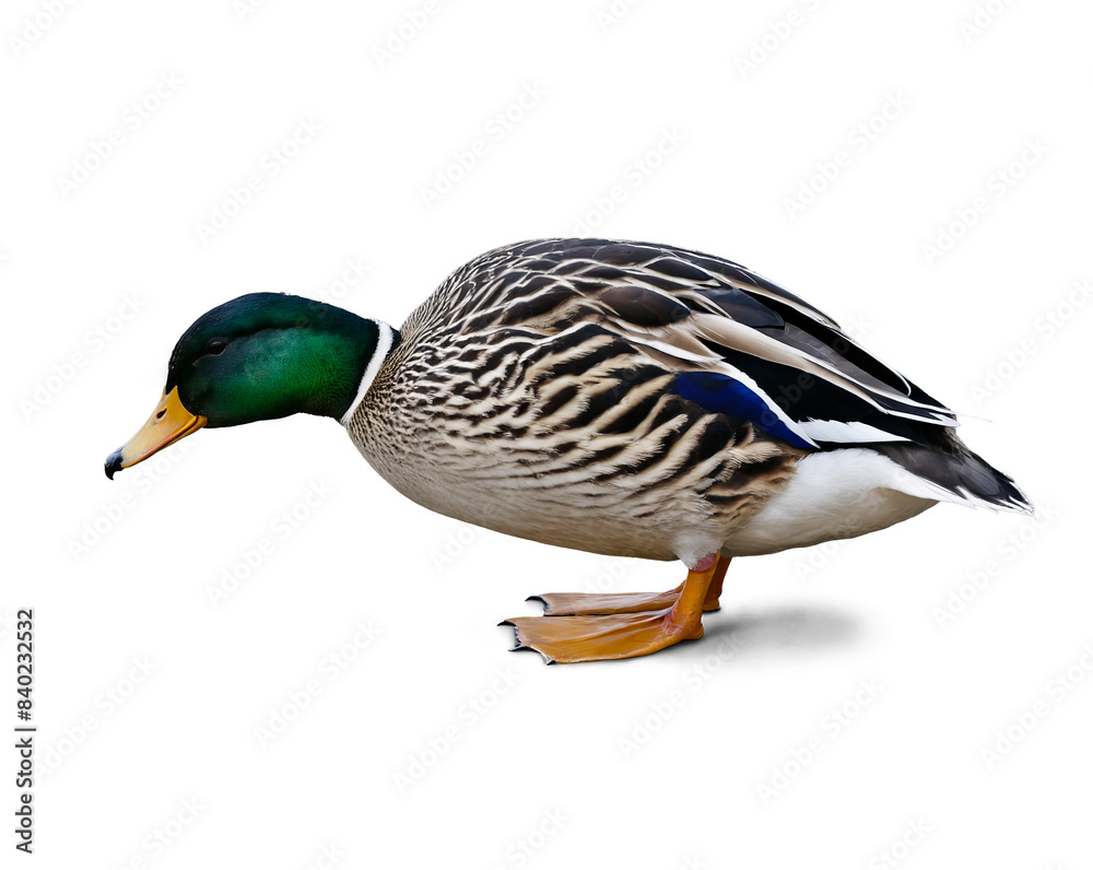 Obraz premium A male Mallard duck, known for its distinctive green head, walking isolated on a clean white background