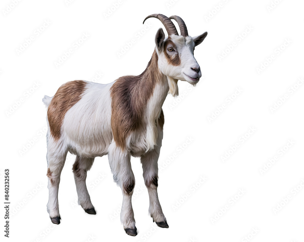 A young domestic goat with brown and white fur looking to the side against a white background, with focus on farm animals A young domestic goat with brown and white fur looking to the side against a white background, with focus on farm animals